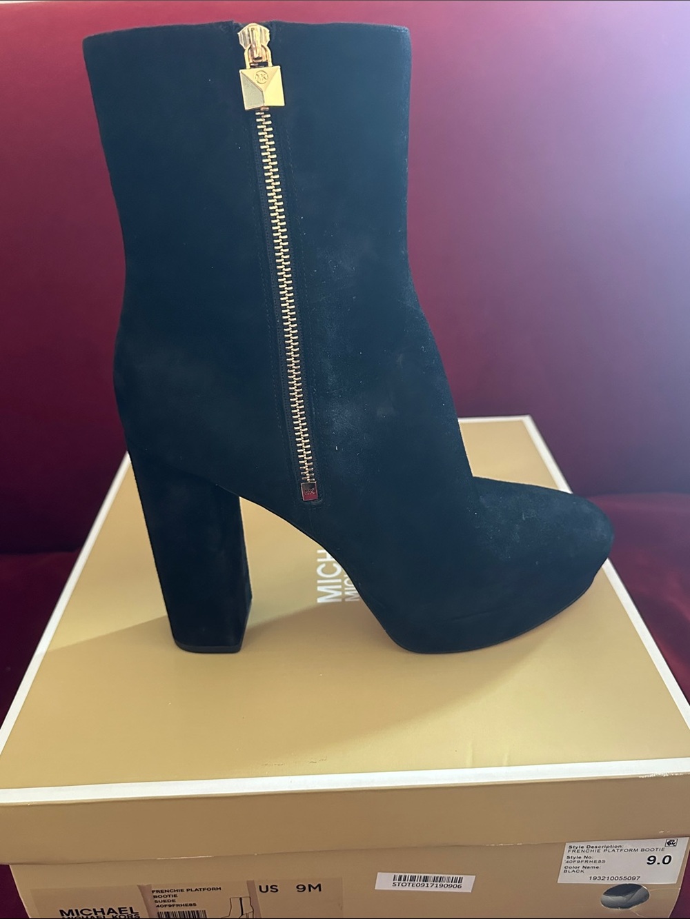 Michael Kors Black Suede Gold-Zip Block Heel Ankle Boots